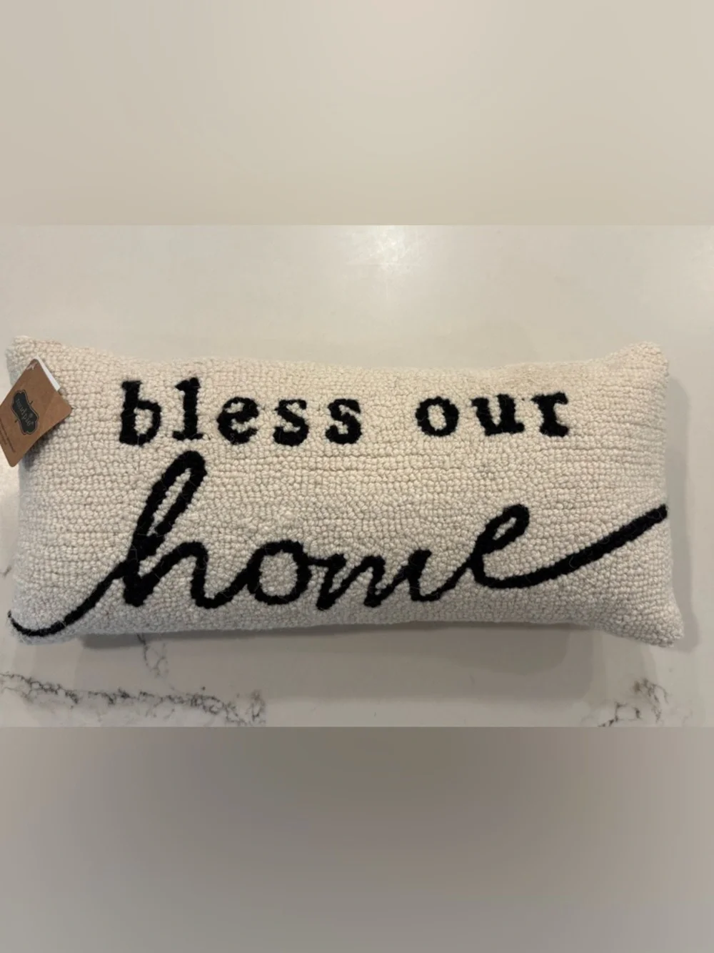 Mud Pie Bless Our Home Cream and Black Wool Hook Accent Throw Pillow 18x8 NWT - Picture 1 of 7